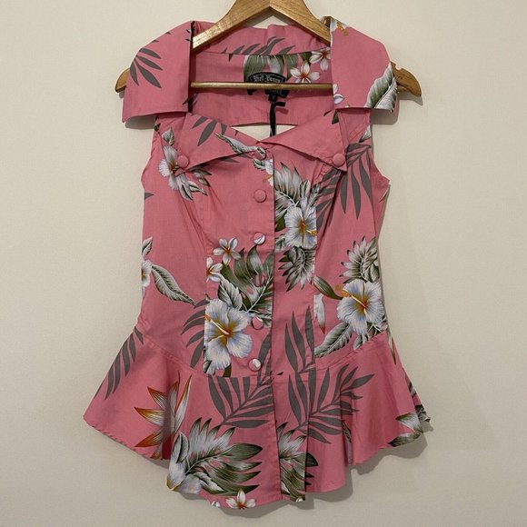 Hell Bunny Vixen Size Small Hawaiian Print Pink Pin Up Peplum Top Blouse New - Picture 3 of 13